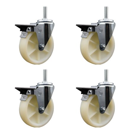 Service Caster 5 Inch Nylon Wheel Swivel 58 Inch Threaded Stem Caster Set with Brake SCC SCC-TS20S514-NYS-PLB-58212-4